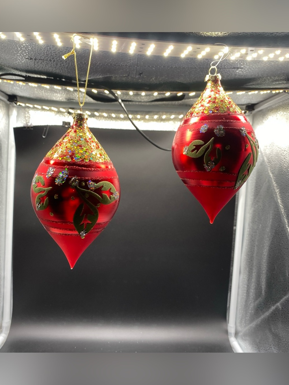 Red Decorative Holiday Teardrop Ornament - green felted leaves- glitter